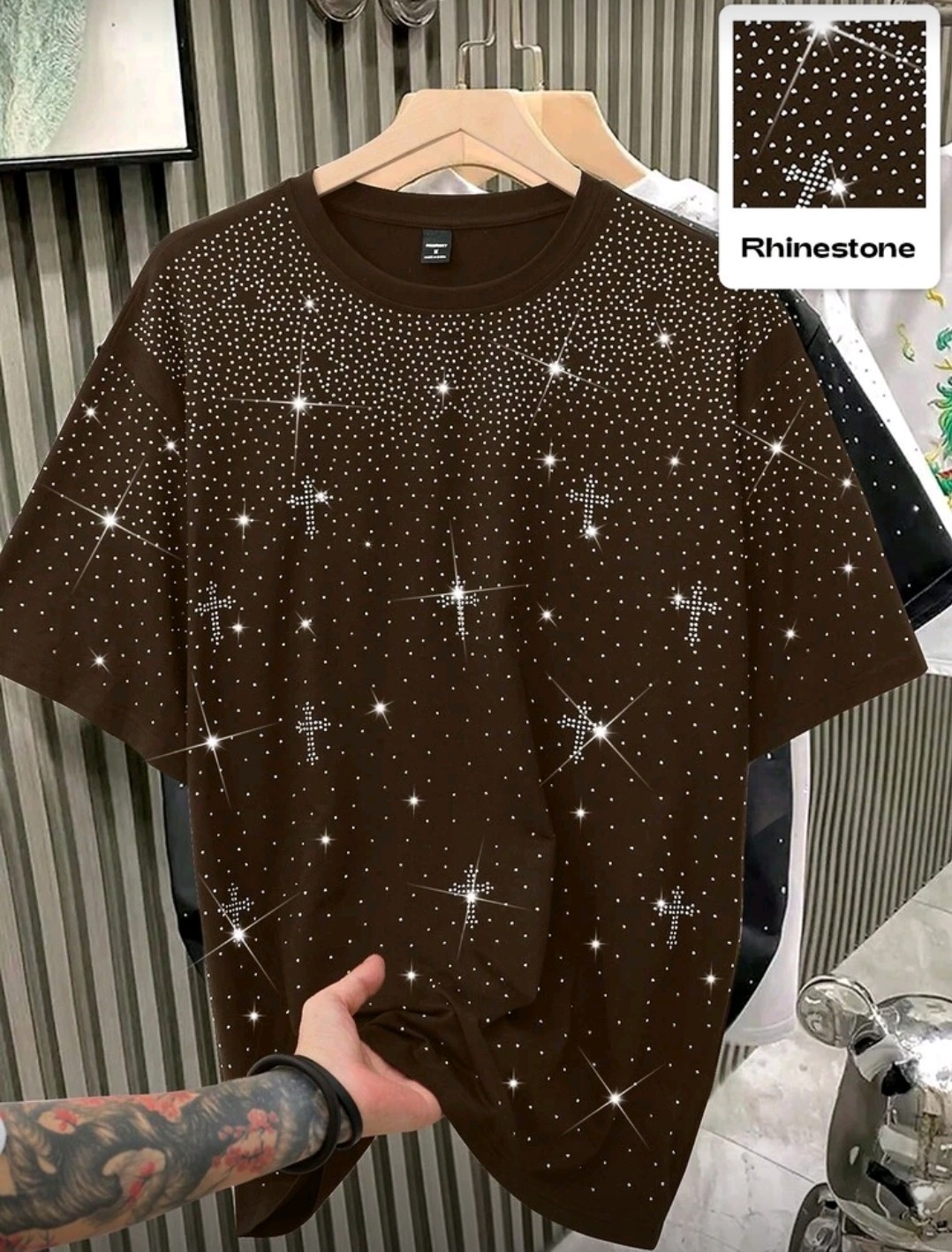 New Men Women Luxury Diamond Crosses Stars Rhinestones Fashion T-Shirt 7 Colors