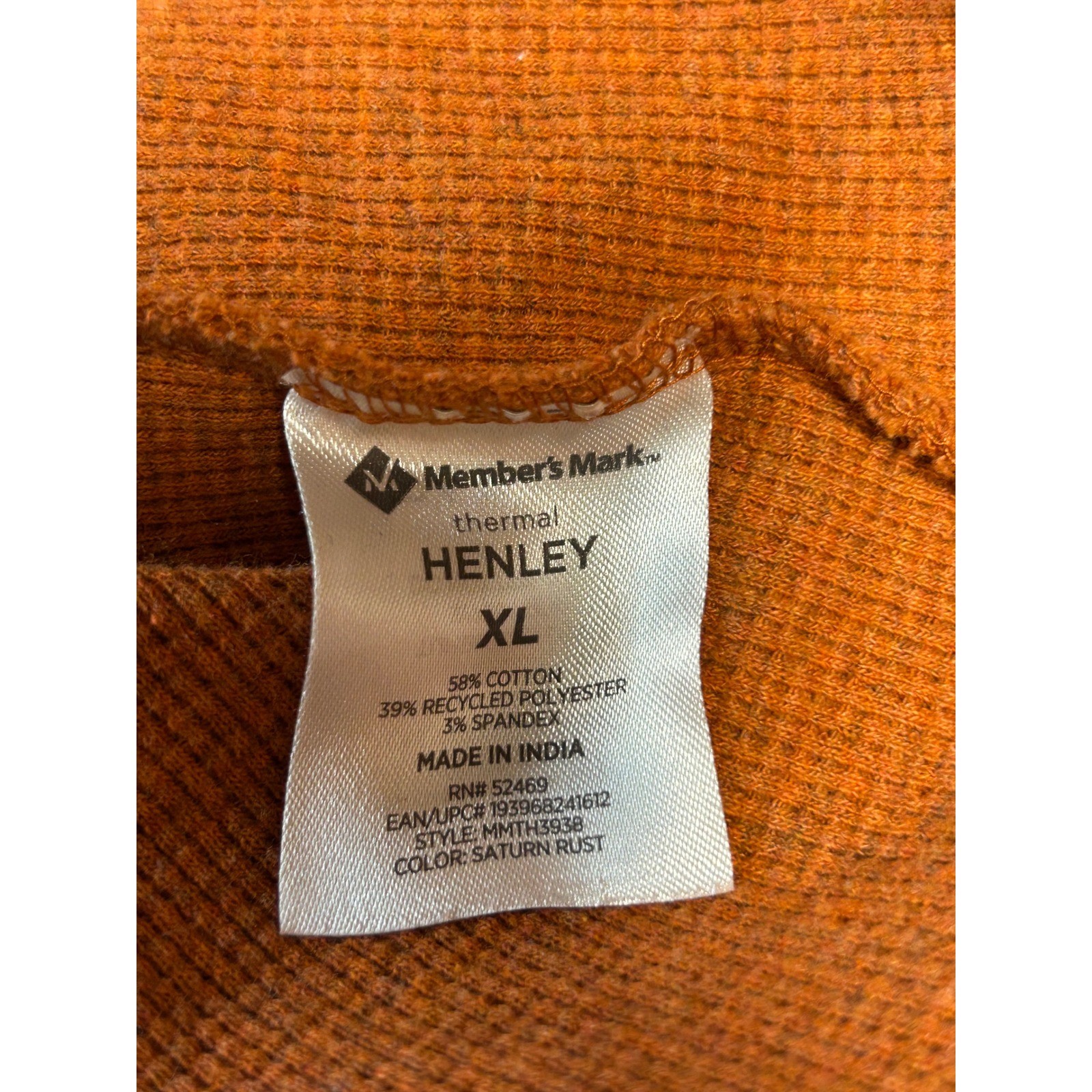 Member’s Mark Thermal Henley Long Sleeve Shirt Rust Orange XL