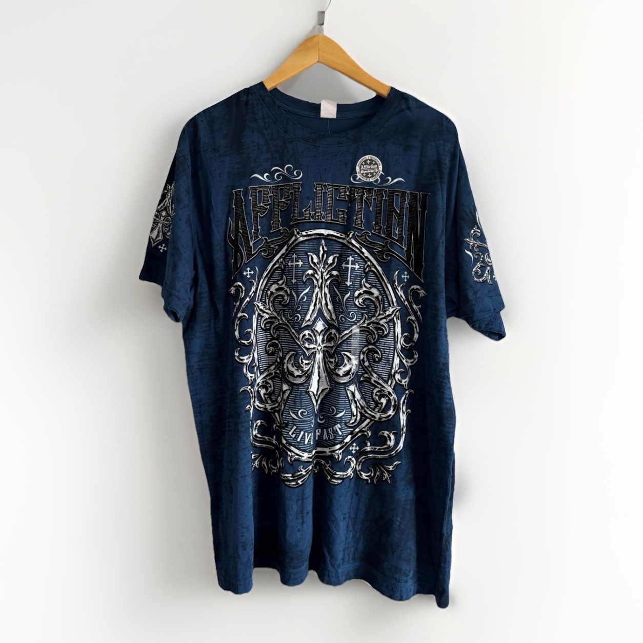 Affliction Abrasive Live Fast Reversible Tee Blue Distressed Graphic XXL NWT