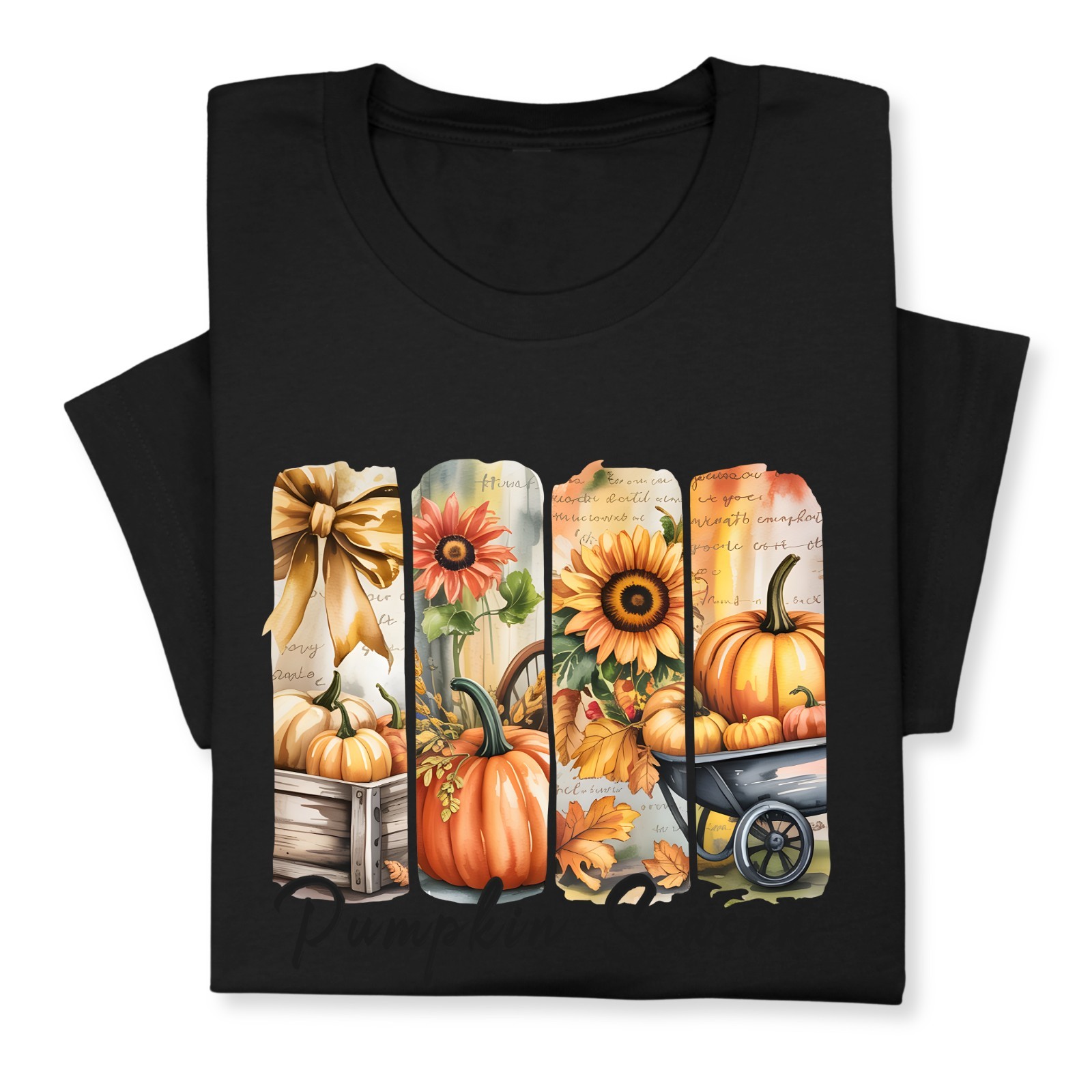 Pumpkin Season Print Shirt, Fall Tee with Sunflowers & Cart