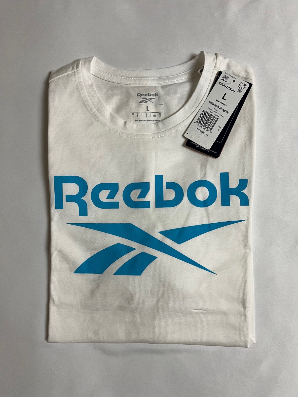 Reebok Men’s White Crew T-Shirt Sz Large Cyan Logo