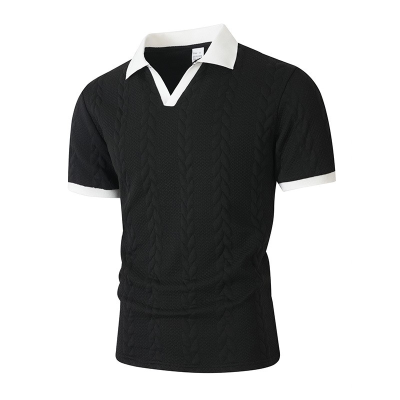 Men’s Cable Knit Contrast Collar Polo Shirt Business Casual V Neck Summer Top