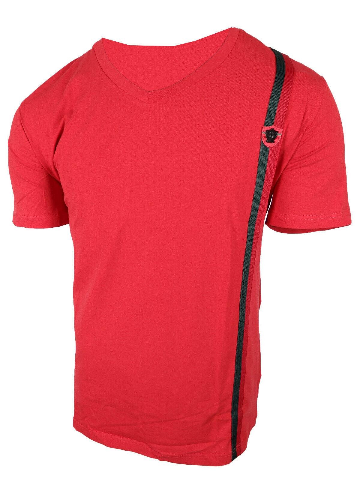 Mens T- Shirt Italian Side Sport Stripe Badge V-Neck Slim Fit Stretch Casual