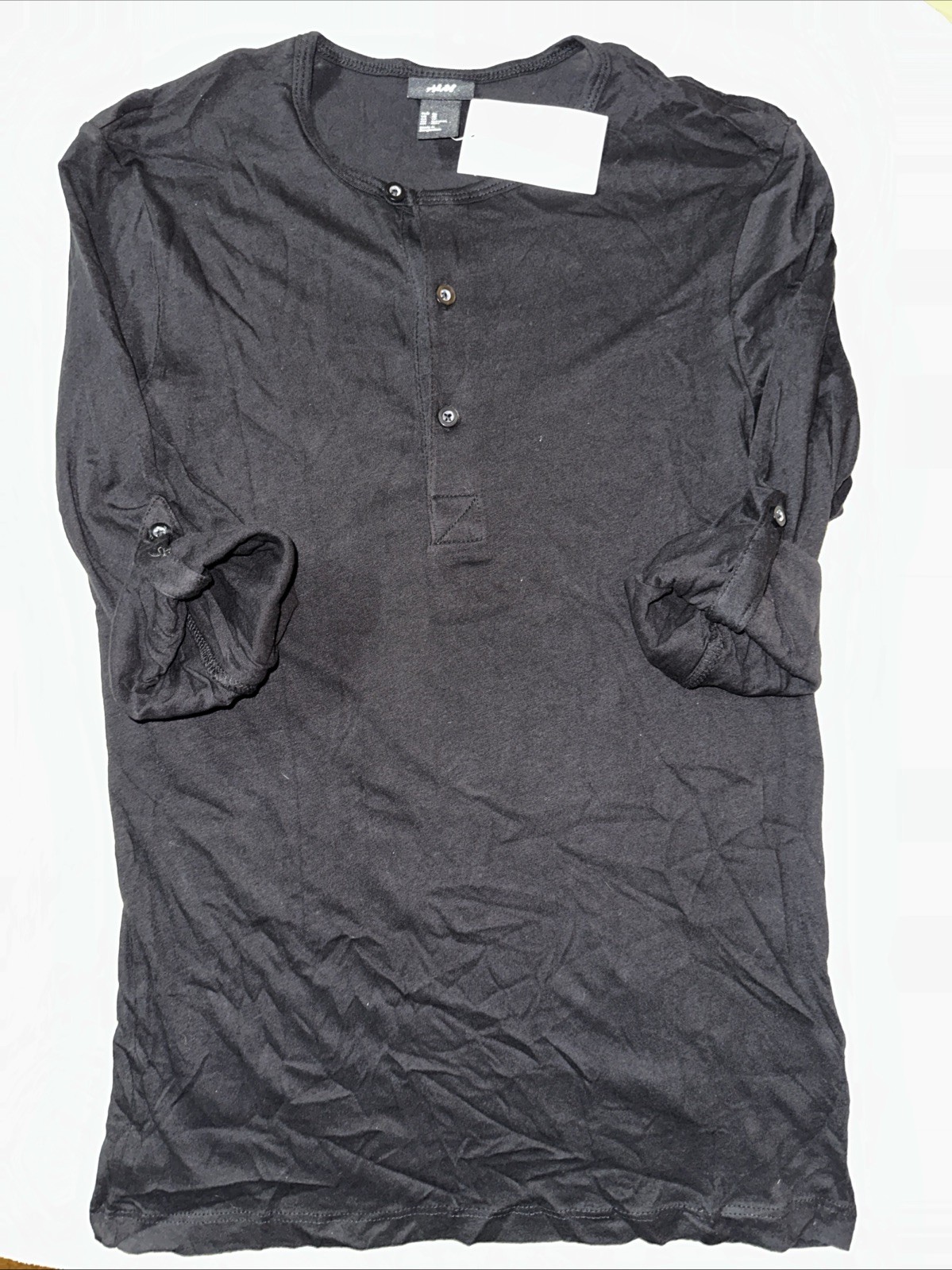 NWT H&M Henley Shirt Black Size XS Adjustable Sleeves