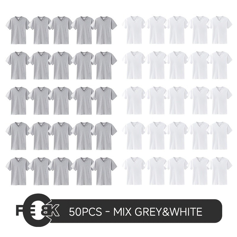 50 Pack V-Neck Sublimation Blanks T-Shirts Mixed Sizes White Grey Polyester