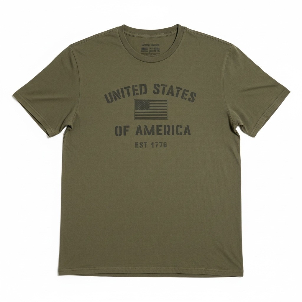 General Standard Mens USA Flag Graphic T-Shirt Olive Green Cotton Made in USA M
