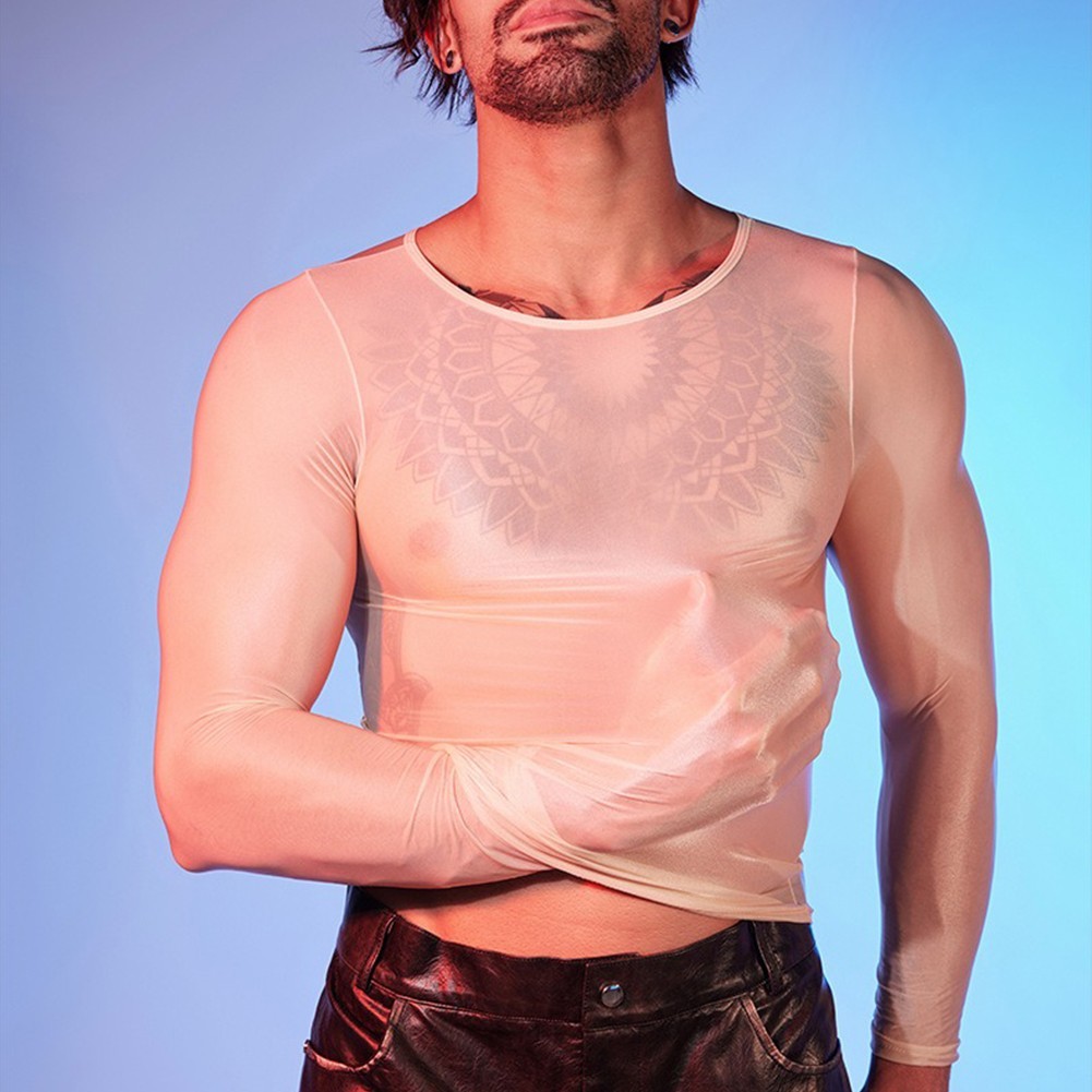 Long Sleeve Men’s Sexy Lingerie Top O Neck Tight Sheer Shirts Oil Shiny