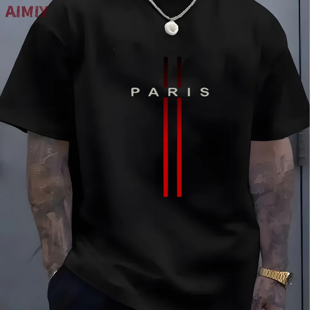 Summer Men’s T-shirt Top Casual Loose Fit Oversized T-shirt PARI Letter Pattern