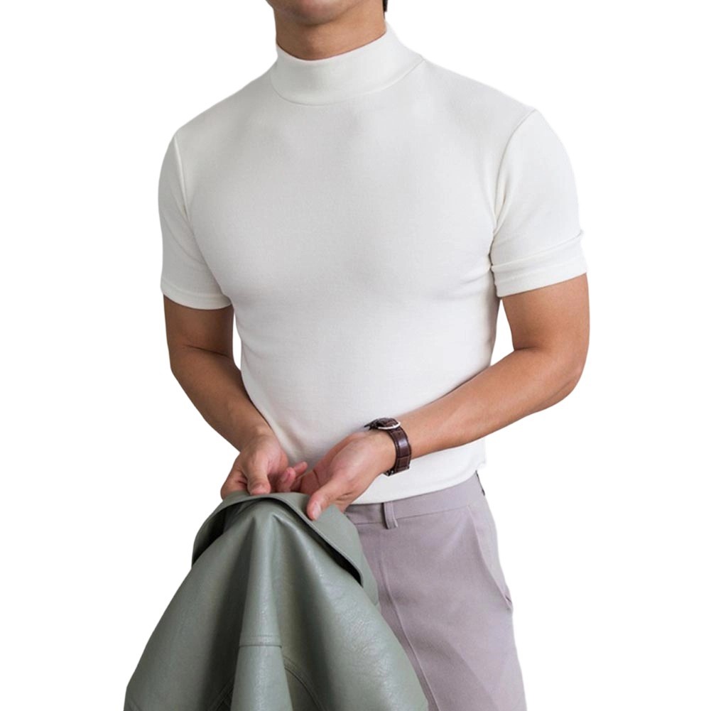 Polyester Spandex Men’s Tight Fit T Shirt Half High Neck Short Sleeve S-3XL