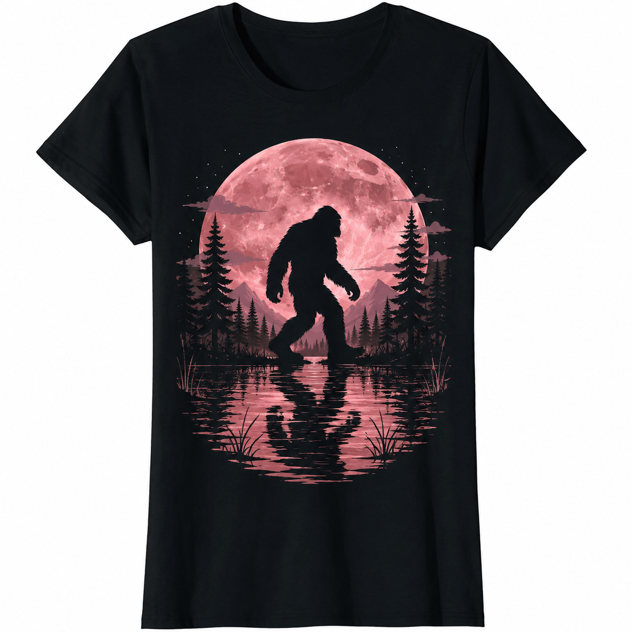 Cute Black Bigfoot Graphic Tee, Forest Moon Shirt, Perfect Gift For Friend