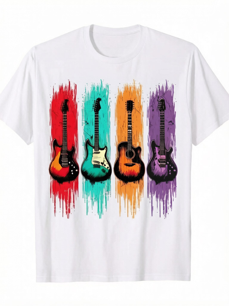 Men’s Retro Music Tee – 100% Cotton Black T-Shirt with Vintage Guitar & Graphics