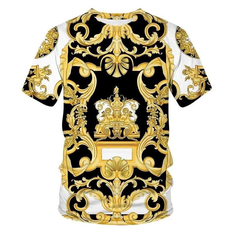 Luxury Baroque Style 3D Print Men’s T-shirts Fashion Round Neck Short Sleeve.