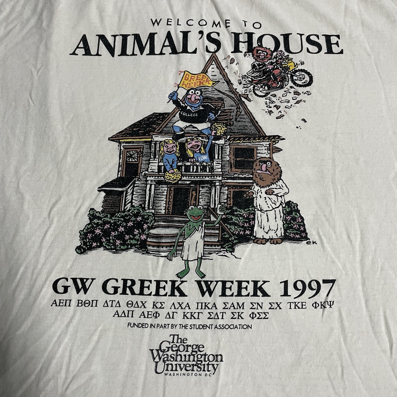 Vintage George Washington University Greek Week Muppets Distressed T Shirt Sz XL
