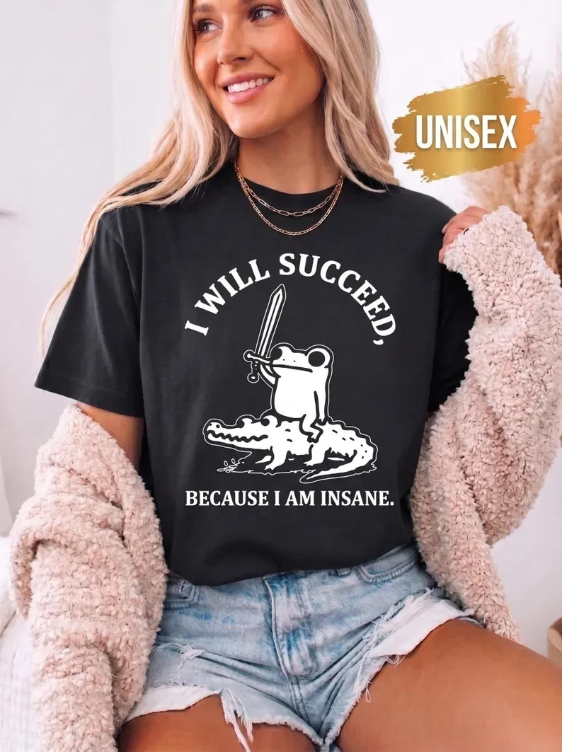 Funny Frog Riding Crocodile T-Shirt Insane Warrior Animal Meme Graphic Tee
