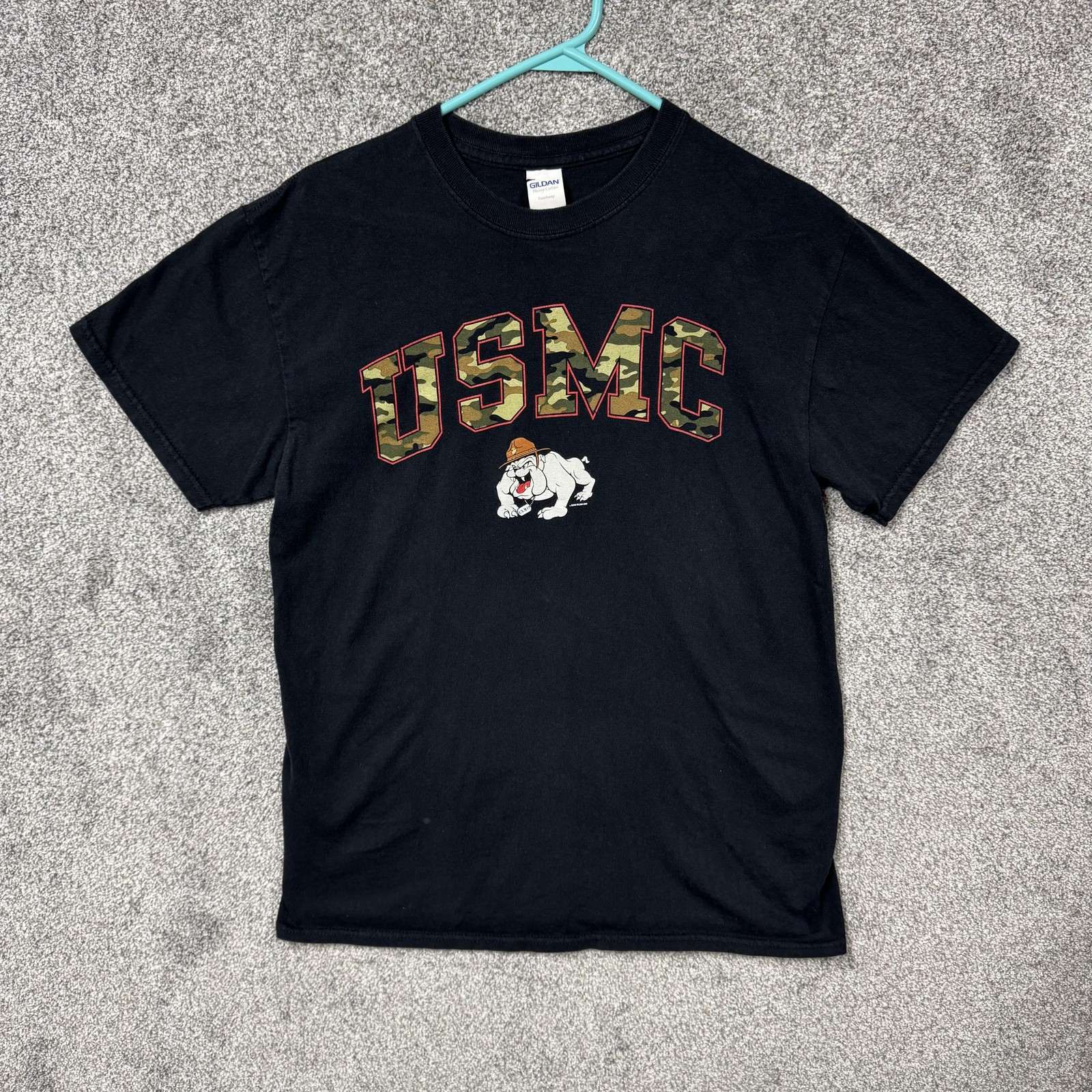 USMC Shirt Mens Medium Black Bulldog Camo Graphic Military Marines Tee Gildan