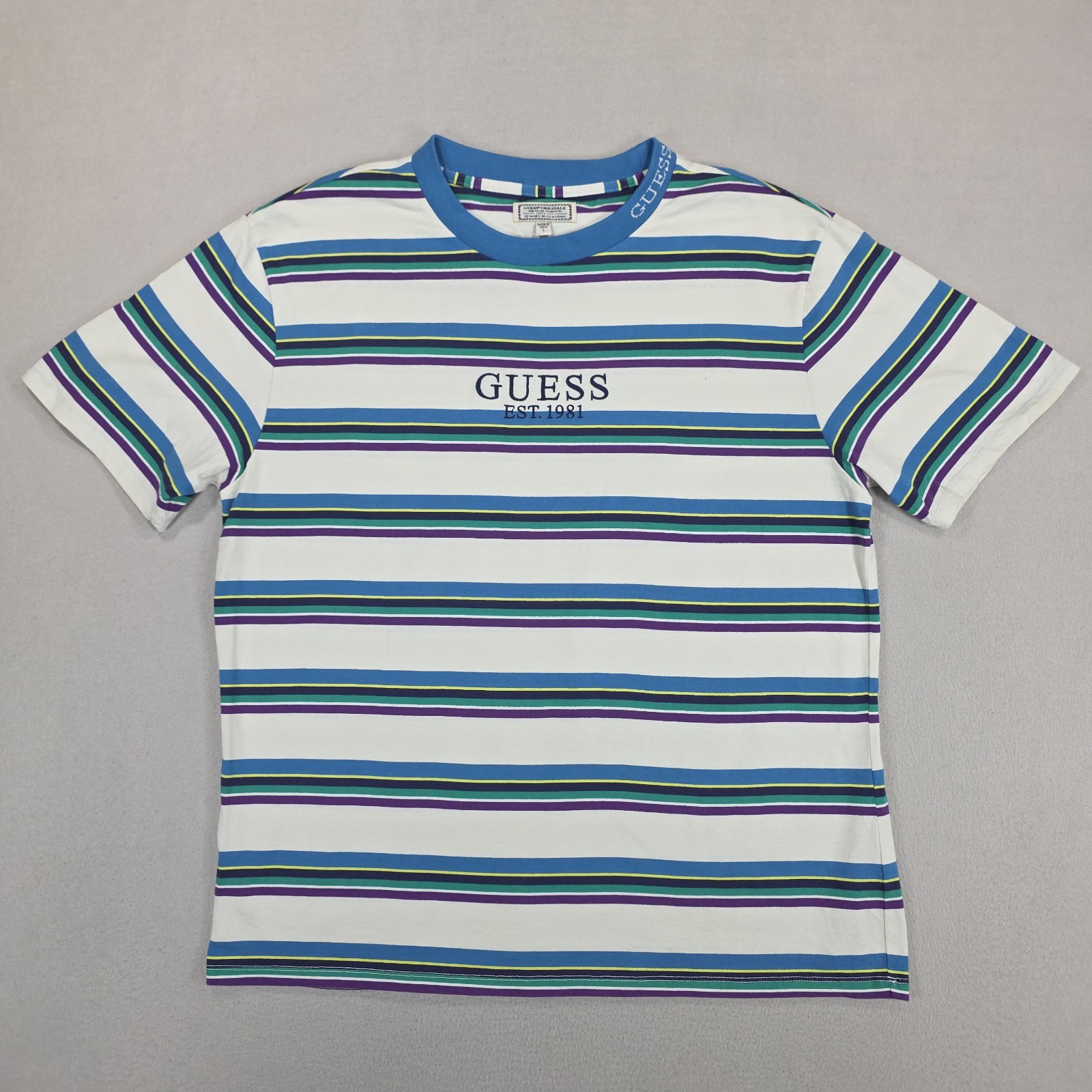 Guess Shirt Mens Large White Blue Striped Embroidered Logo Preppy