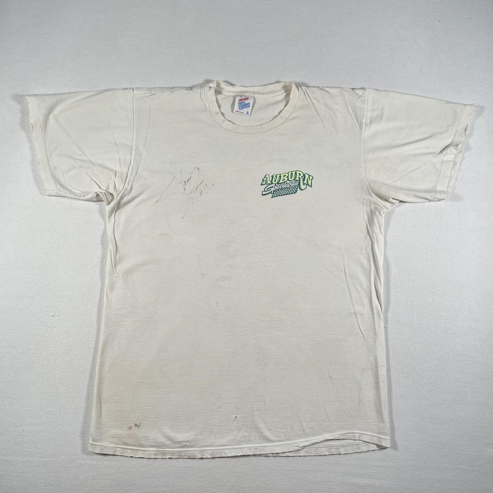 Vintage Speedway Racing Shirt Mens Large White Auburn Qualifier Signed 80s