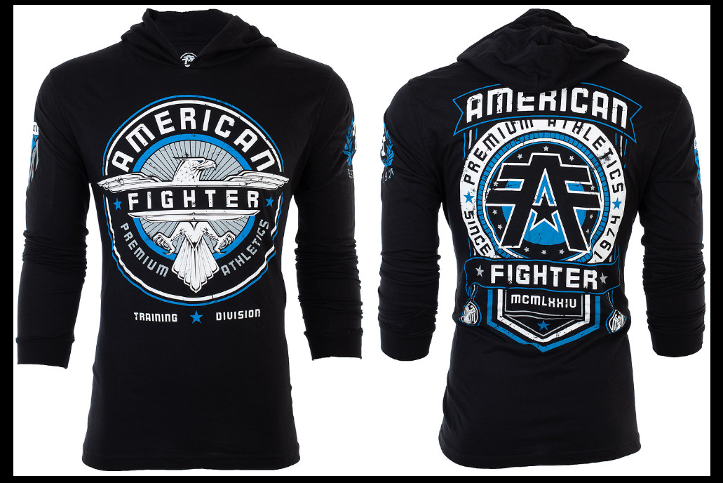 AMERICAN FIGHTER Black Blue White BROCKPORT Long Sleeve Hoodie T-shirt NWT