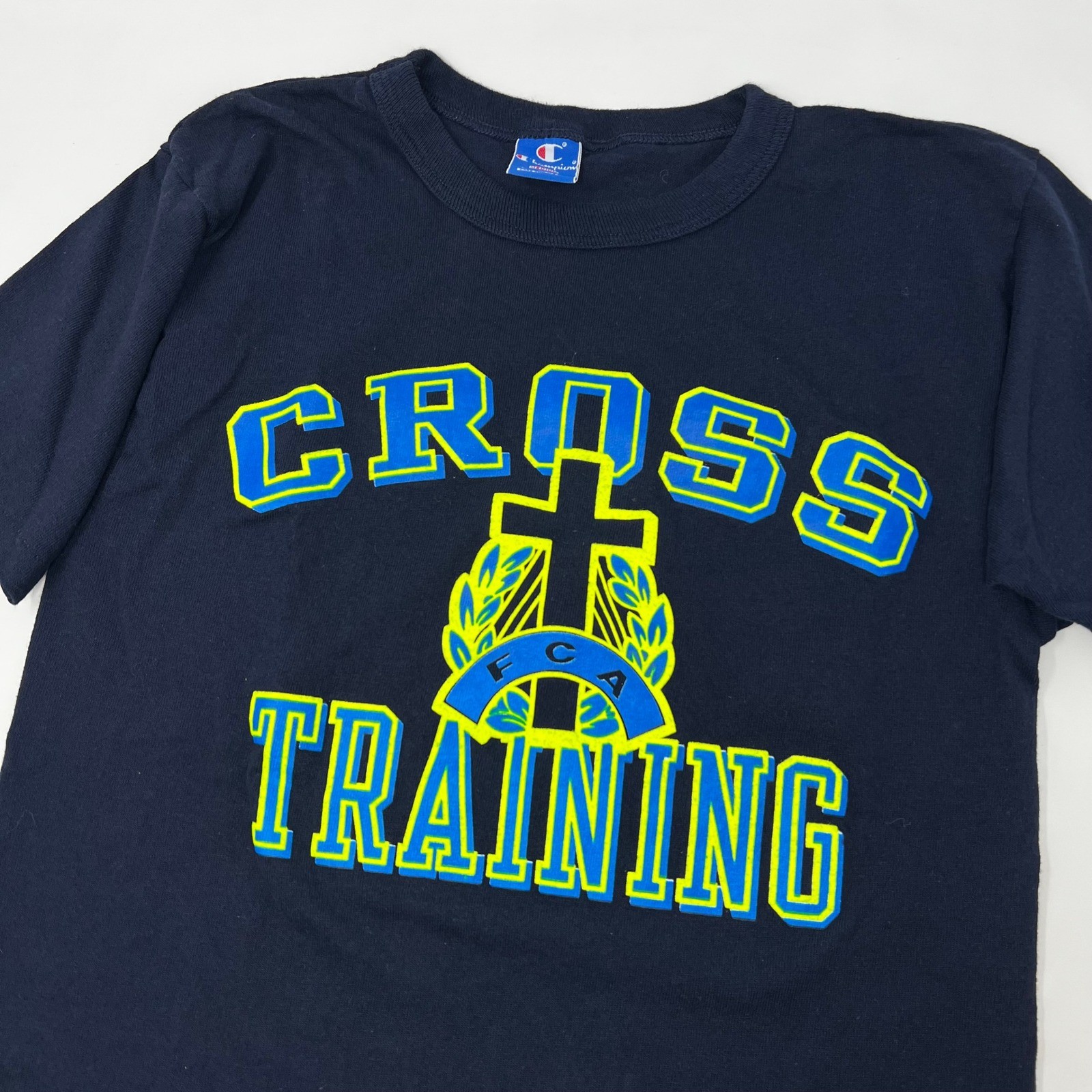 Vintage Champion FCA Cross Training Shirt Men Medium Blue USA Made Single Stitch