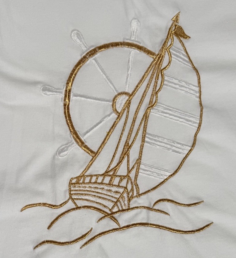 Vintage Bonnie Blain Gold Sailboat Embroidered Tee XL Gold Contrast Collar RETRO