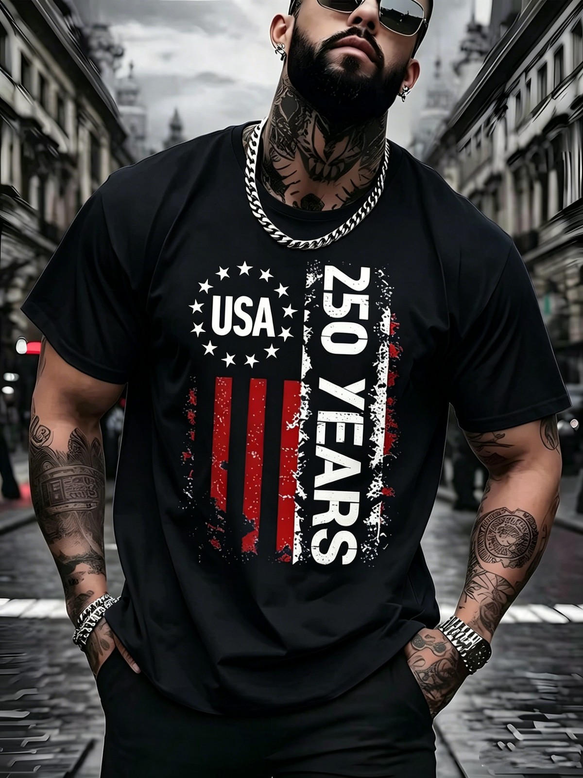 USA Flag 250th Anniversary Y2K Patriotic Digital Print Men’s Casual Cotton Tee