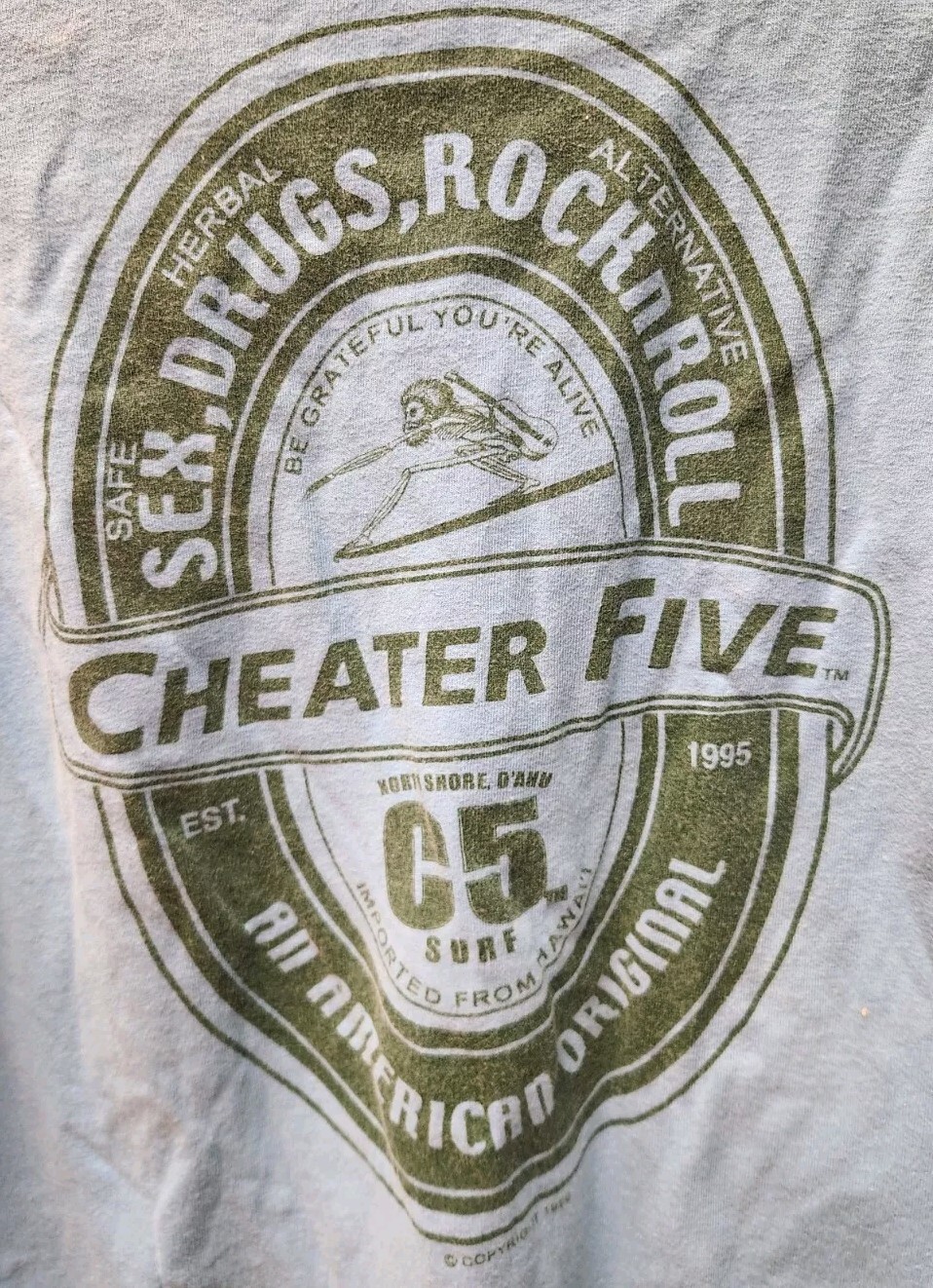 Surf Shirt Mens Large Blue Cheater Five Sex Drugs Rock N Roll Hawaii FLAWED G*