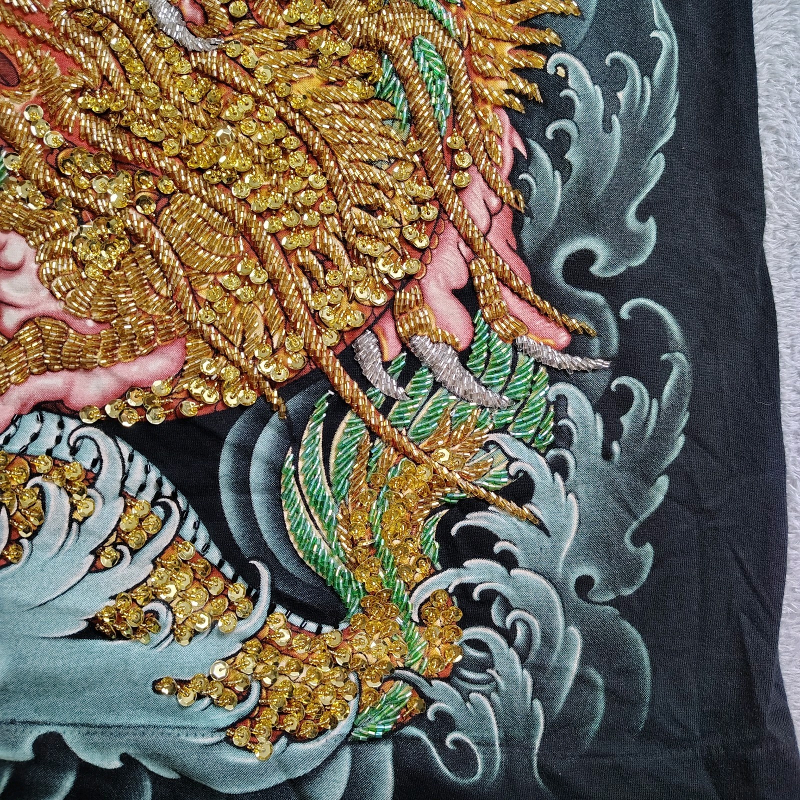 TARMAFIA Year of the Dragon Handmade Sequin & Beaded Mens L Shirt Power Fortune
