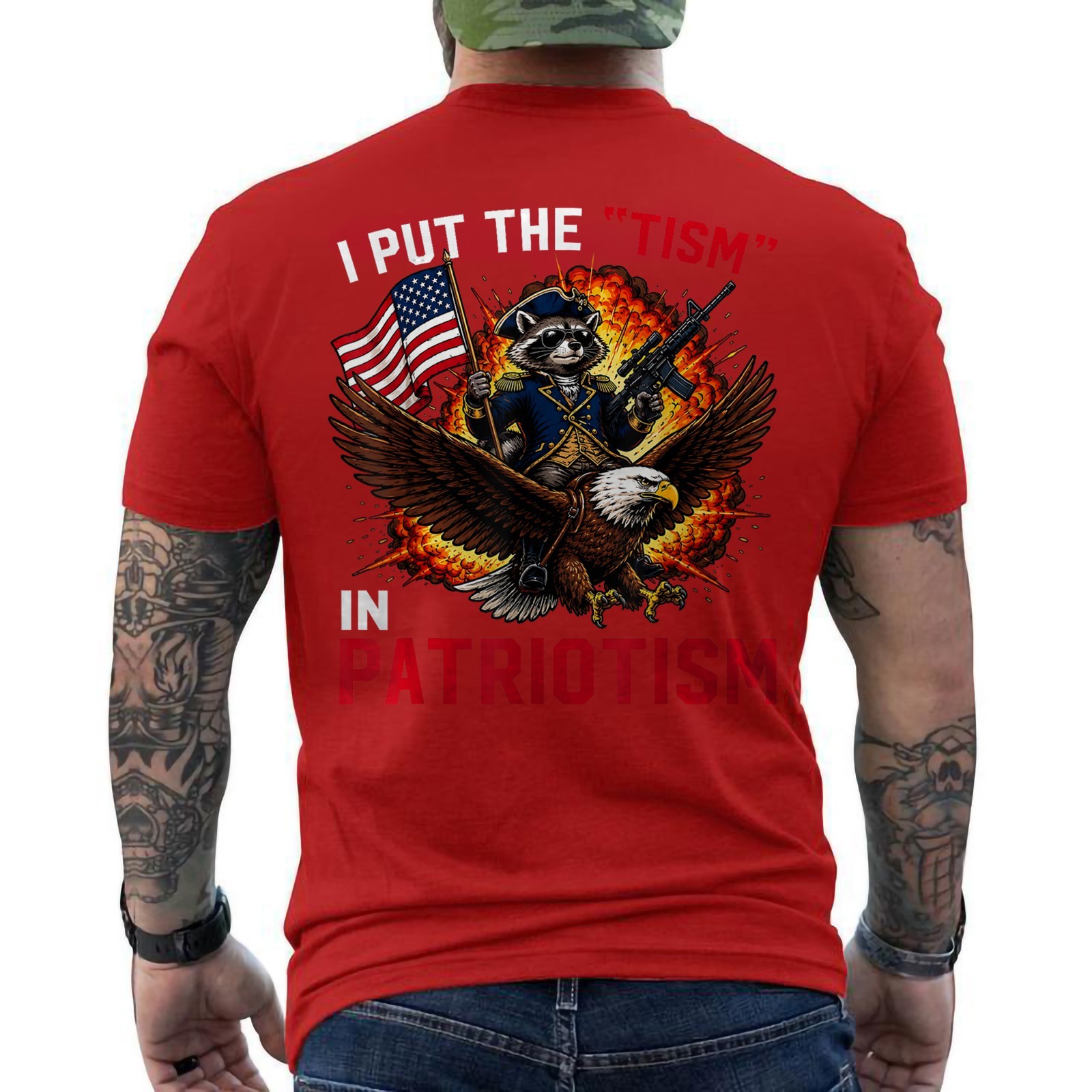 I Put The Tism in Patriotism Retro Eagle Raccoon USA Flag T-Shirt