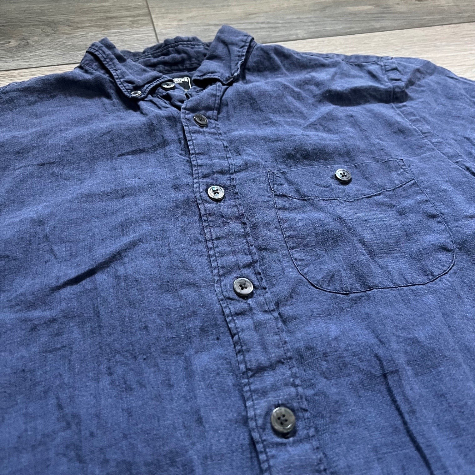 Todd Snyder Men’s M Navy Blue Linen Short Sleeve Button Shirt Camp