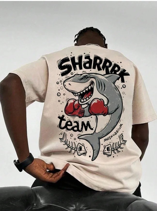 Men’s Shark Print Lightweight T‑Shirt — Summer Casual Sport Streetwear Oversized
