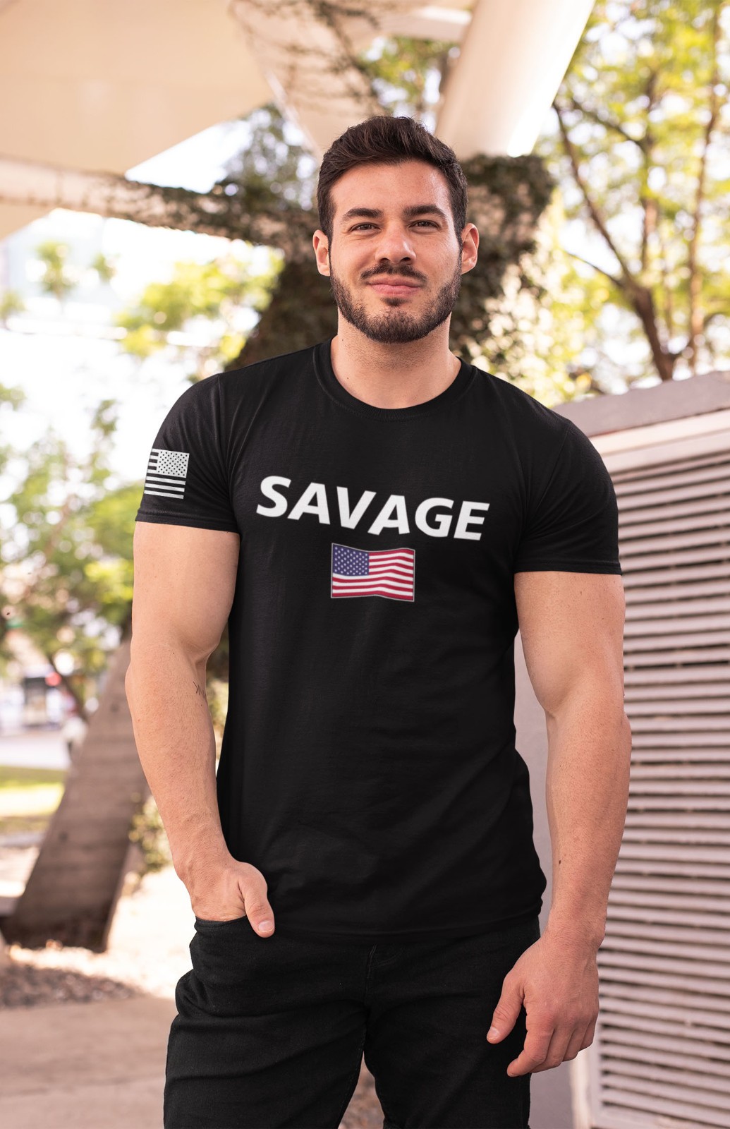 Savage American Flag T-Shirt – Black Patriotic USA Tee Military Veteran Pride