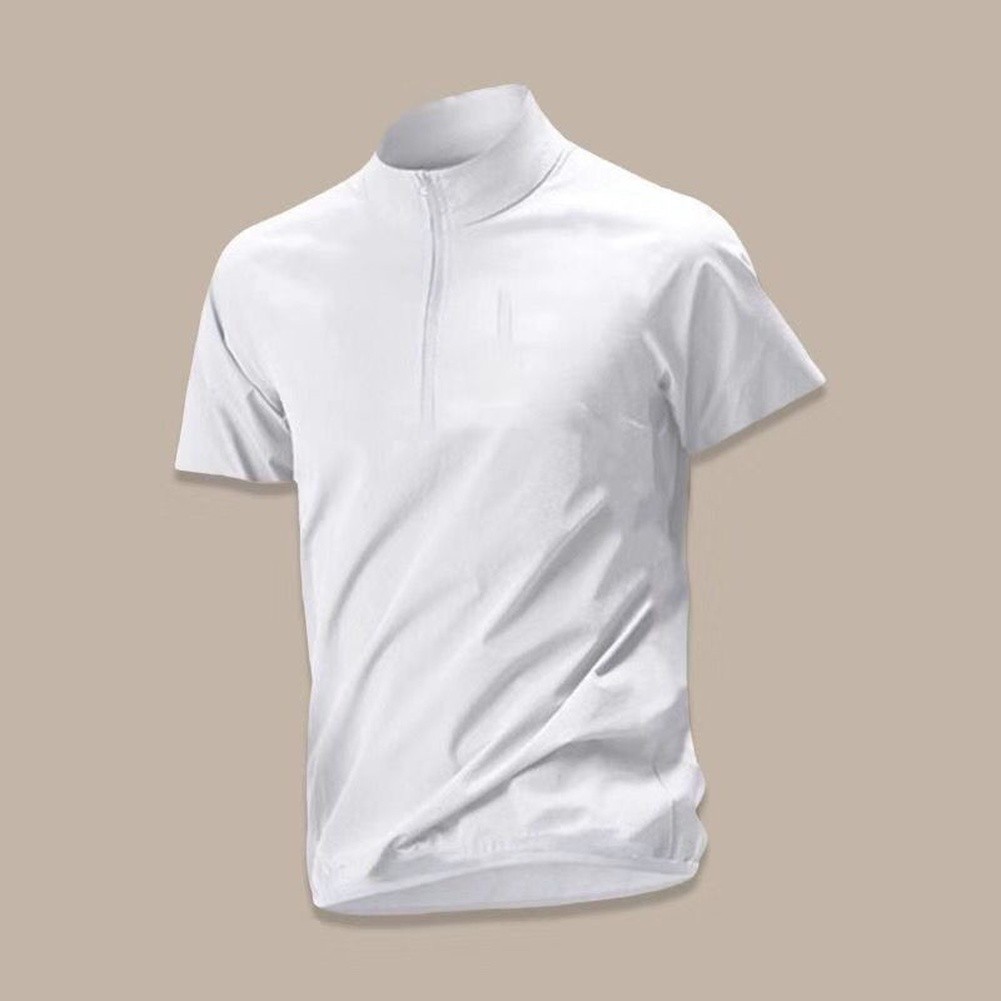 Men’s Polyester Spandex Short Sleeve Half-Zip Stand Collar Tee for Four Seasons