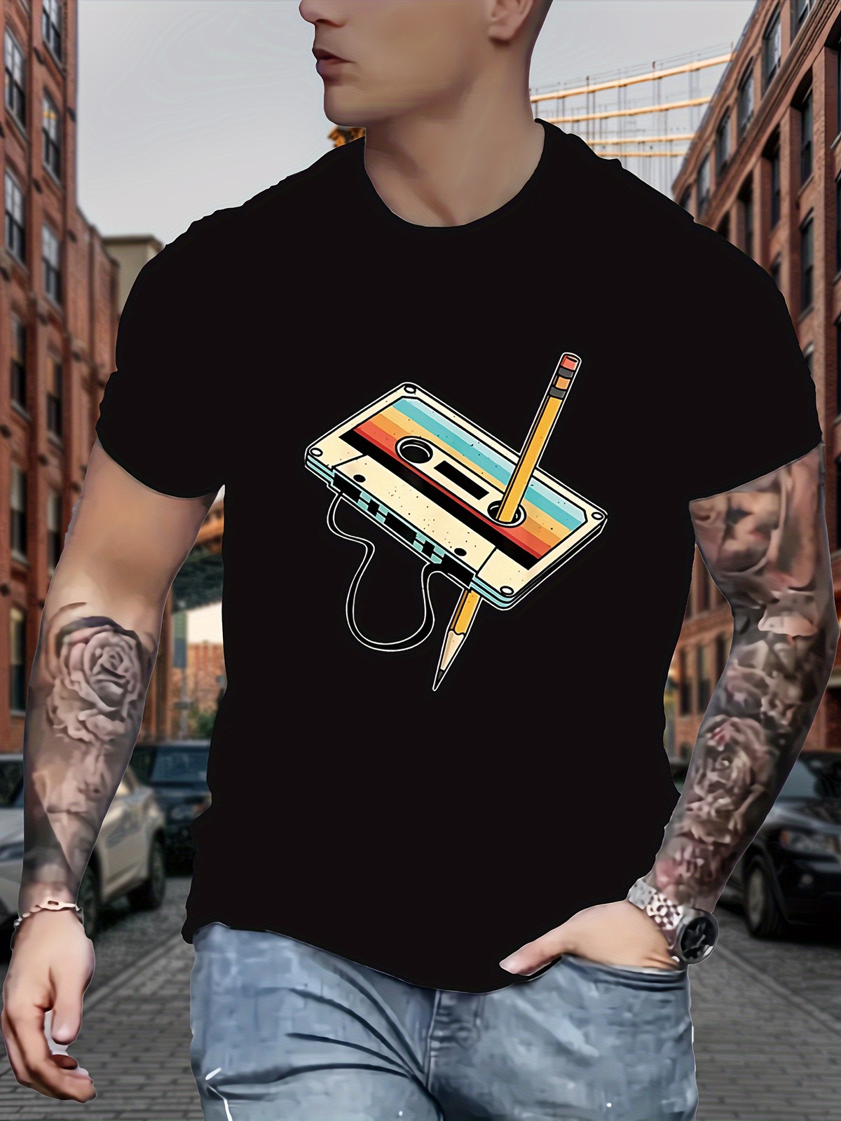 Men Retro Cassette Print T-Shirt – Casual Crew Neck, Slight Stretch, Summer Top♢
