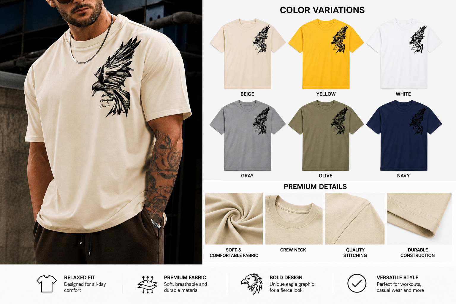 Men’s Eagle Cool Graphic T-Shirt Loose Fit Streetwear Summer Casual Cotton Tee