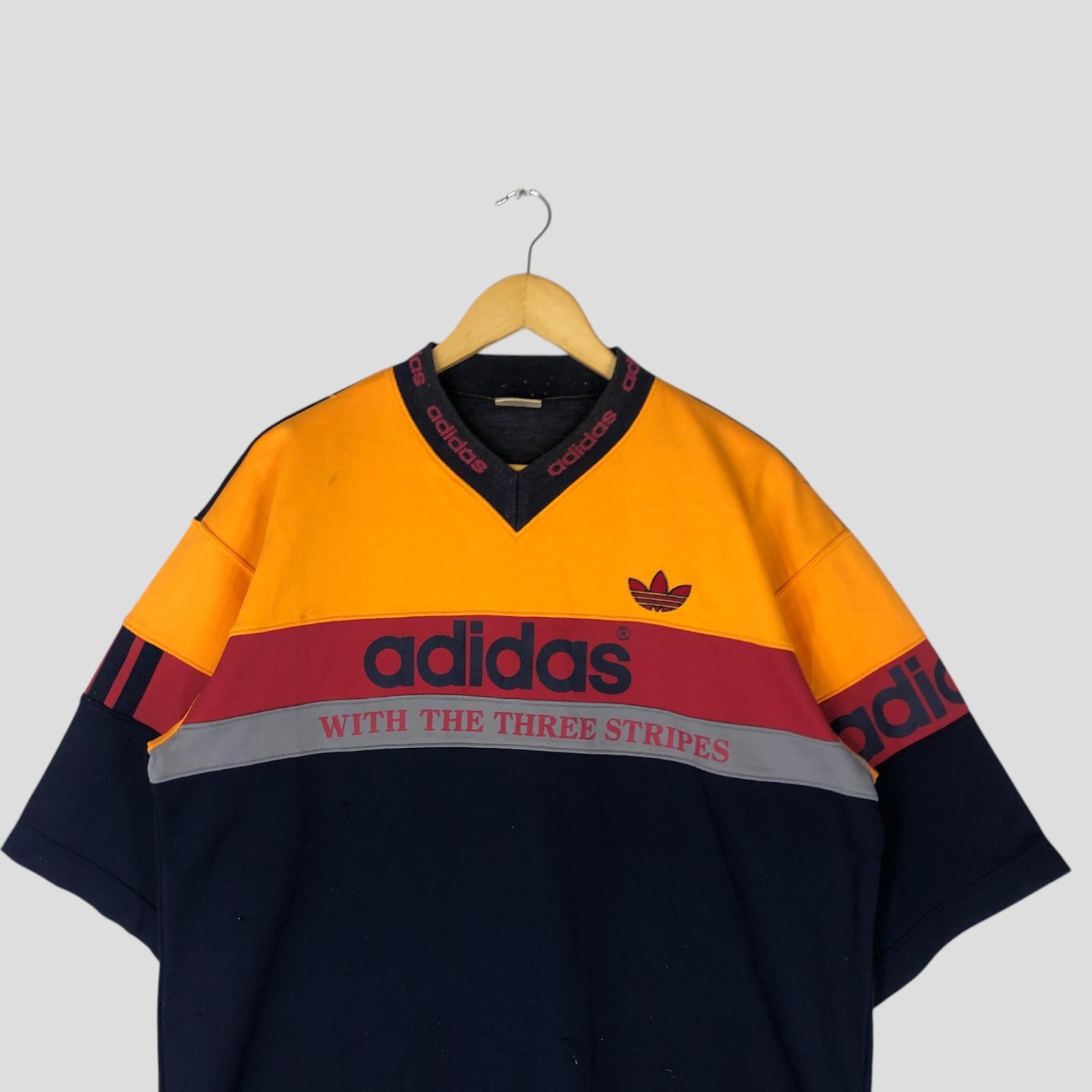 Vintage 90s Adidas Trefoil Jersey Tee – Large Colourblock V Neck