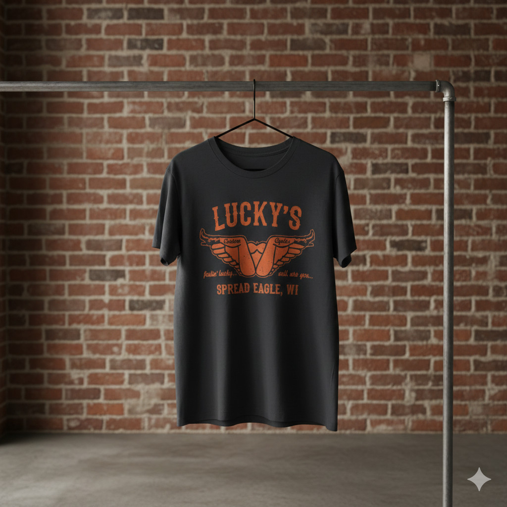 Lucky’s Custom Cycles Spread Eagle WI Biker Graphic Black T-Shirt – S401