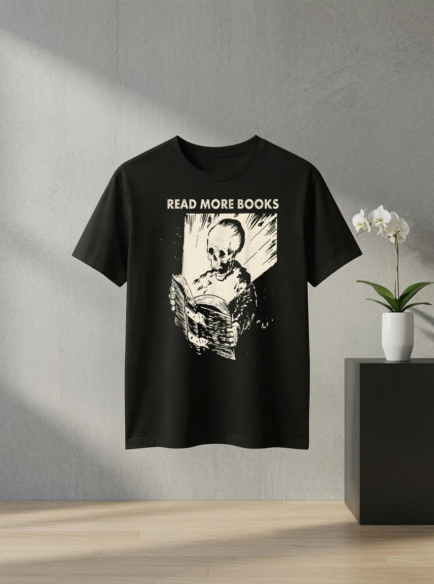 Unisex Skeleton Read More Books Book Lover Graphic T Shirt Gift Reading Tee