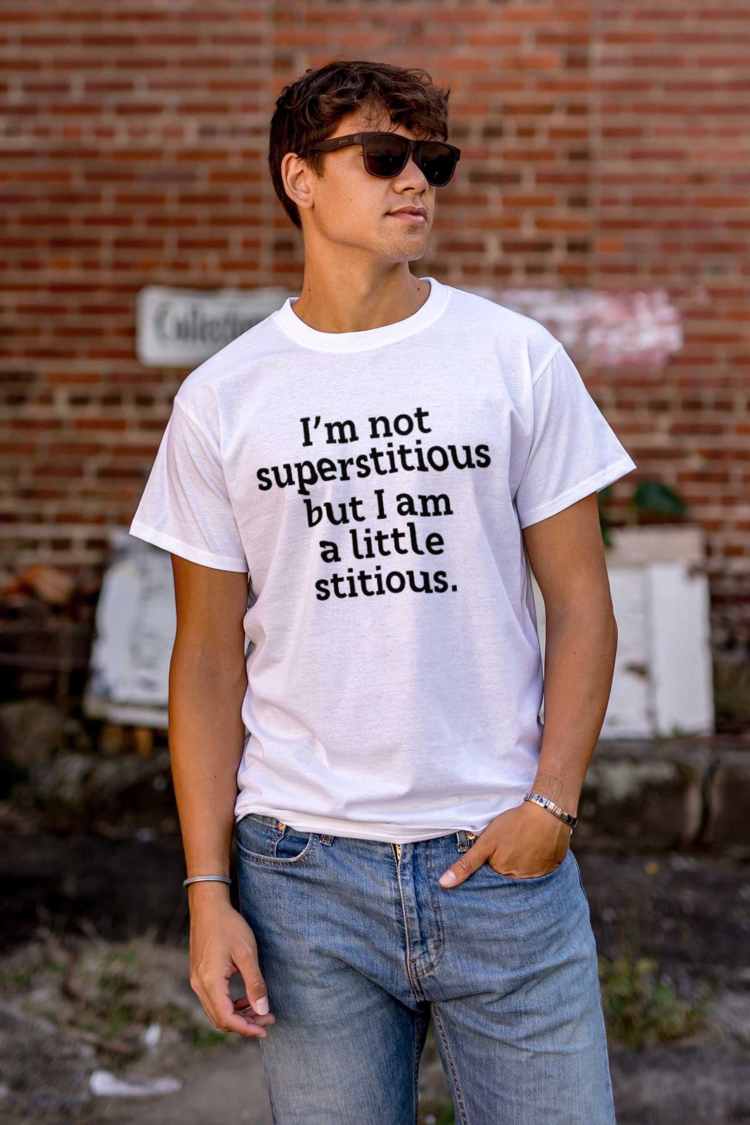 Funny Not Superstitious Only Little Stitious Womens or Mens Crewneck T Shirt Tee