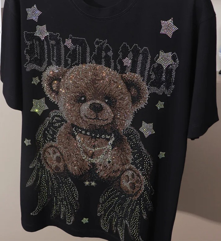 New Men Fashion Diamond Bear Rhinestones Luxury Black White T-Shirt High Quality
