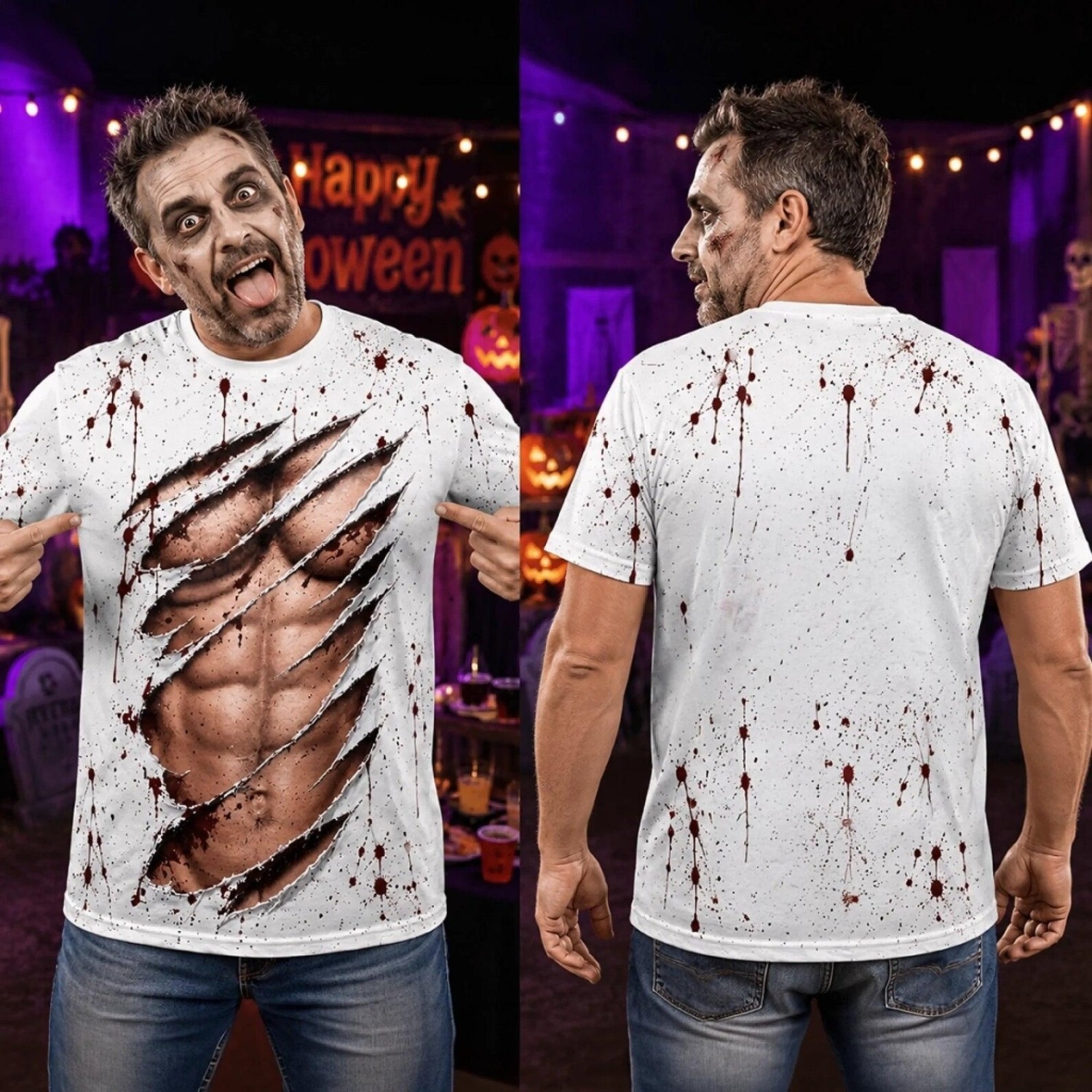 Funny Fake Muscle Torn Shirt, Bloody Zombie Halloween Lazy Costume Gag Gift For