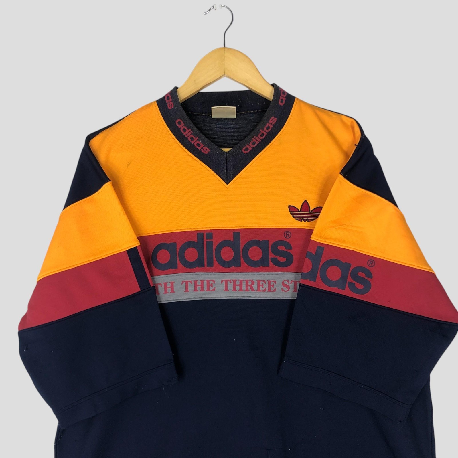 Vintage 90s Adidas Trefoil Jersey Tee – Large Colourblock V Neck