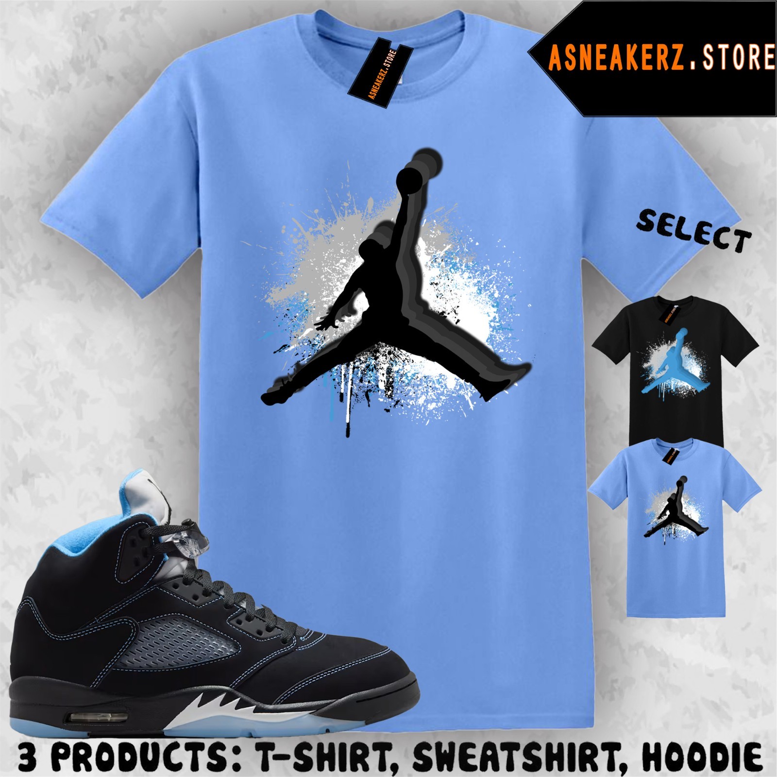 Tee Shirt Matching AJ 5 Black UNC Blue 2026 Match Sneaker Jumpman Paint T-Shirt