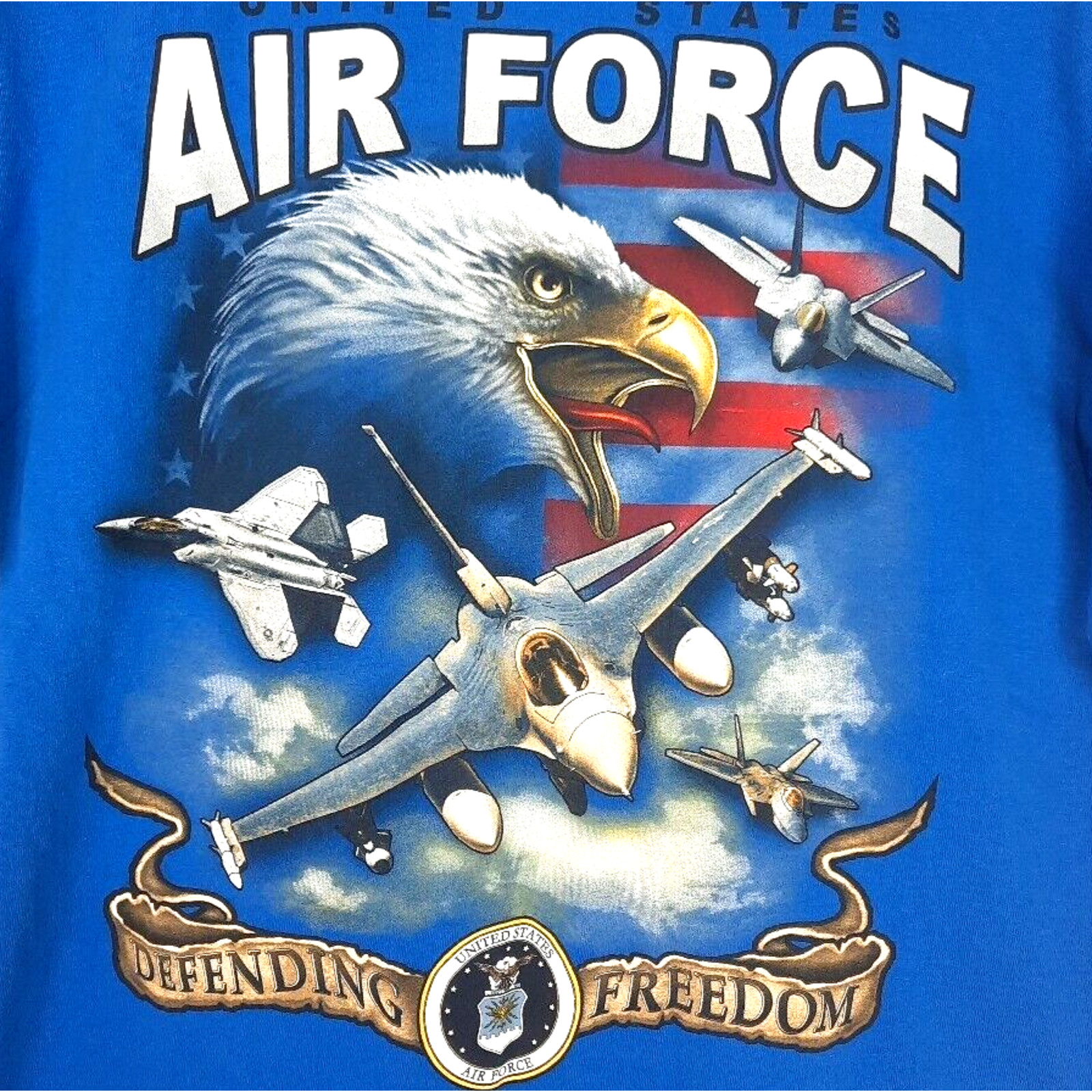 US Air Force Jets Defending Freedom T-Shirt Medium Blue Double Sided Bayside