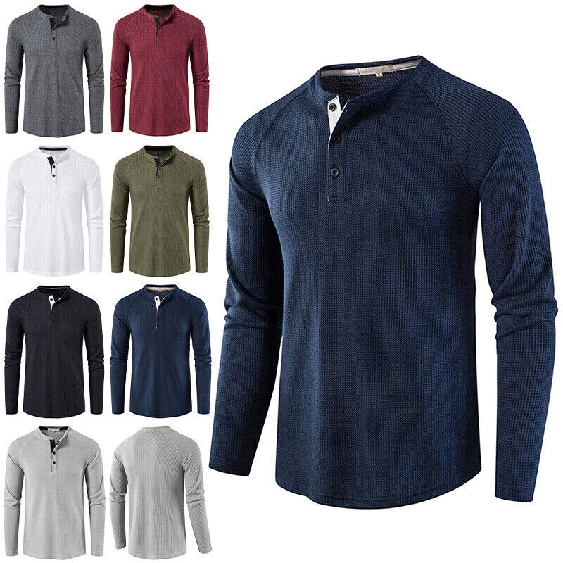 Mens Casual Henley T-shirt Solid Slim Fit Button Pullover Long Sleeve Tops Tunic