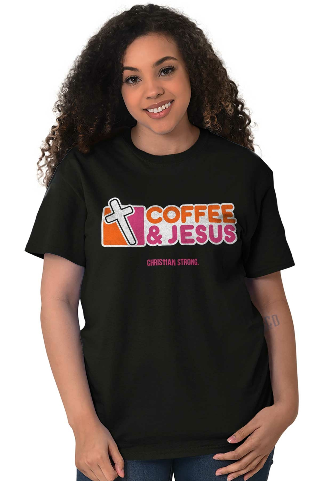 Coffee And Jesus Christ Religious Christian Adult Short Sleeve Crewneck Tee