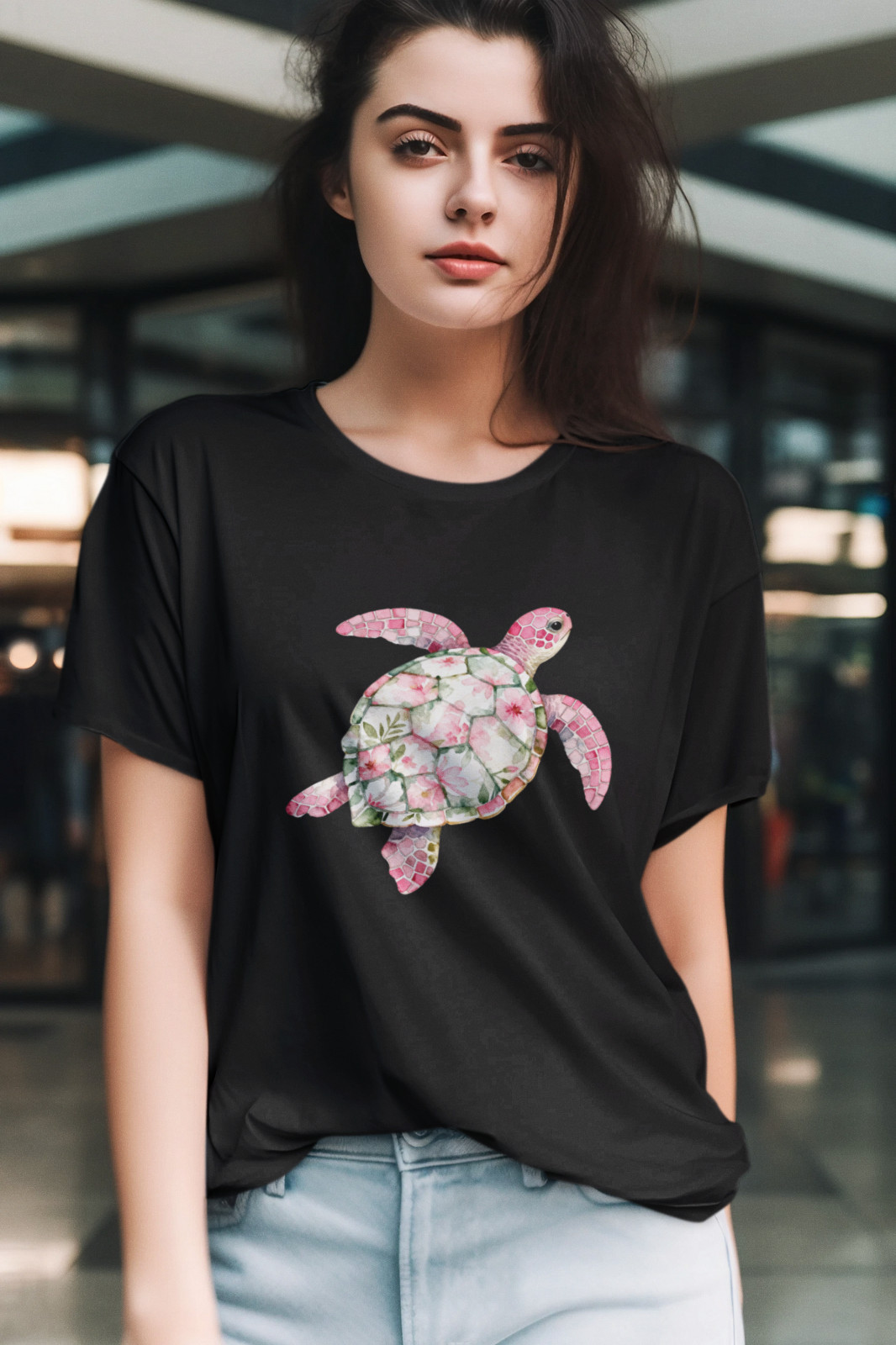 Floral Sea Turtle T-Shirt Black Unisex Tee Ocean Beach Graphic Boho Coastal Art