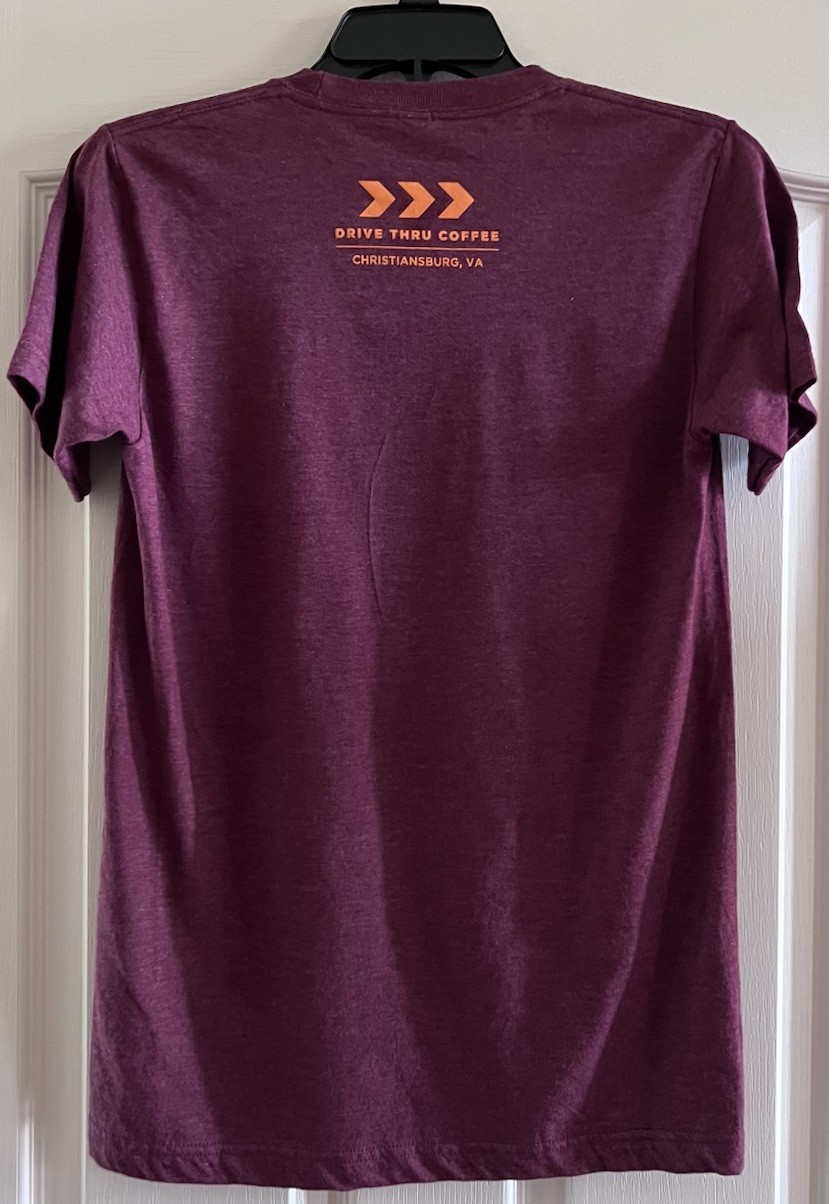 7 Brew Coffee Rise & Grind SM Maroon Orange T-Shirt RARE State Va Hokies TECH VT