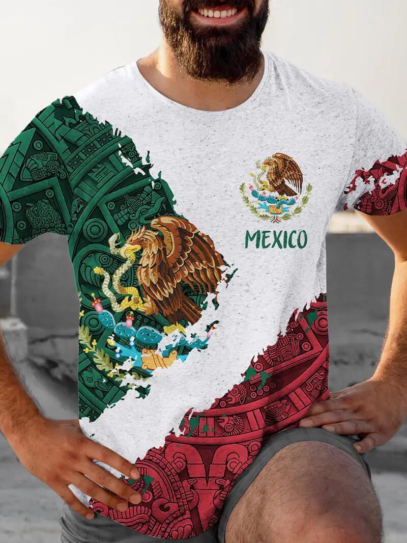 Camiseta Méxicano Azteca Águila Novedad Rojo Verde Manga Corta Camisetas Hombres