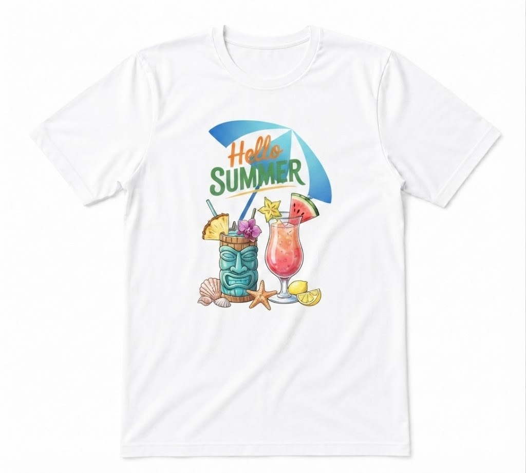 Hello Summer Cocktail Beach With Sun Summer Vibes Unisex White T-shirt