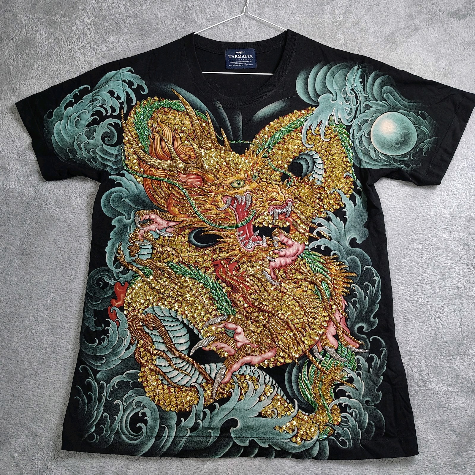 TARMAFIA Year of the Dragon Handmade Sequin & Beaded Mens L Shirt Power Fortune
